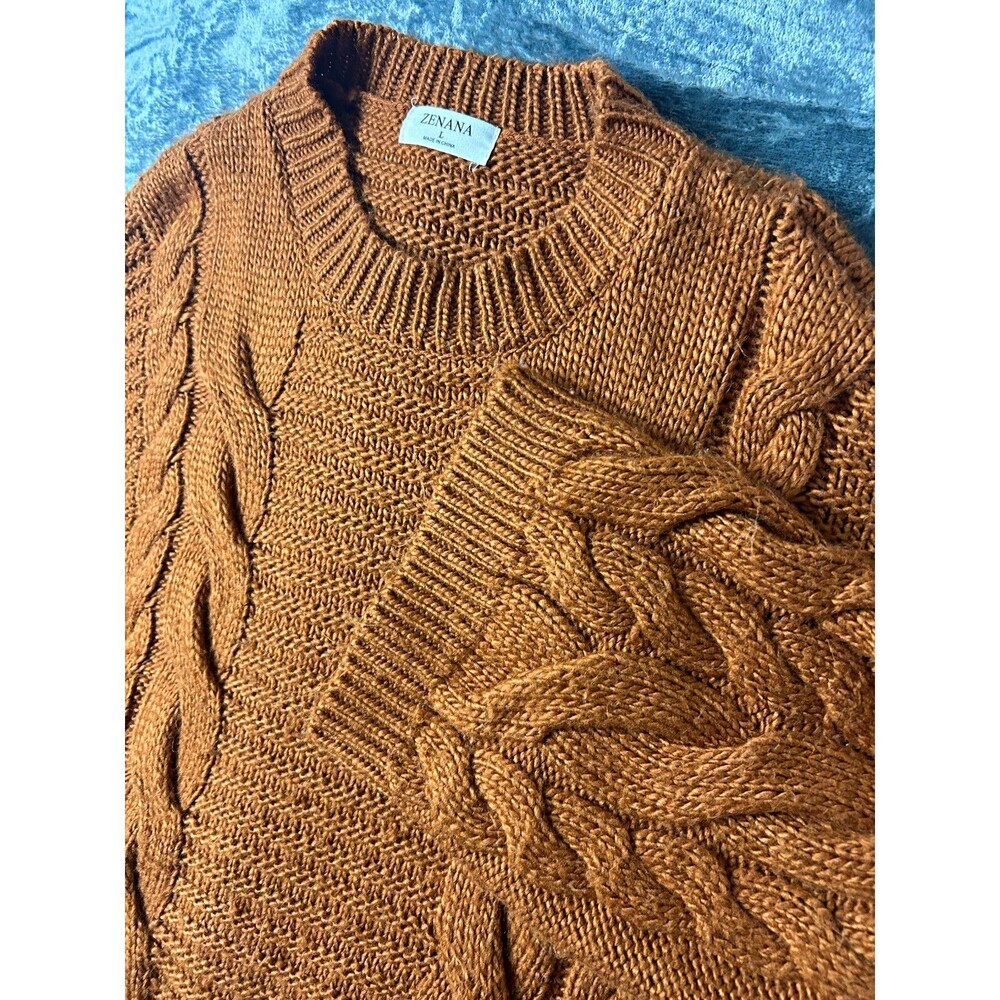 Zenana Sweater Womens Large Rust Brown Cable Knit Chunky Crewneck Pullover